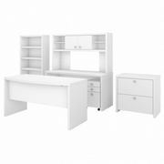 OFFICE BY KATHY IRELAND ECHO BOW FRONT DESK, CREDENZA WITH HUTCH, BOOKCASE AND FILE CABINETS: PURE WHITE <FONT COLOR=GREEN>-FREE SHIPPING-</FONT>