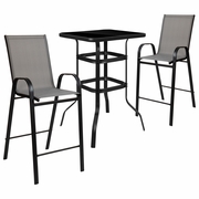 OUTDOOR DINING SET - 2-PERSON BISTRO SET - OUTDOOR GLASS BAR TABLE WITH GRAY ALL-WEATHER PATIO STOOLS <font color=green>FREE SHIPPING!</font>