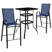 OUTDOOR DINING SET - 2-PERSON BISTRO SET - OUTDOOR GLASS BAR TABLE WITH NAVY ALL-WEATHER PATIO STOOLS <font color=green>FREE SHIPPING!</font>