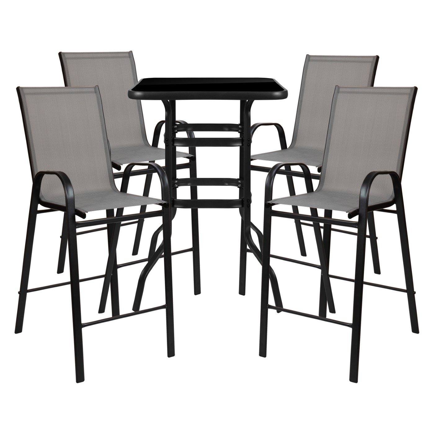 OUTDOOR DINING SET - 4-PERSON BISTRO SET - OUTDOOR GLASS BAR TABLE WITH GRAY ALL-WEATHER PATIO STOOLS <font color=green>FREE SHIPPING!</font> OUTDOOR DINING SET - 4-PERSON BISTRO SET - OUTDOOR GLASS BAR TABLE WITH GRAY ALL-WEATHER PATIO STOOLS <font color=green>FREE SHIPPING!</font>