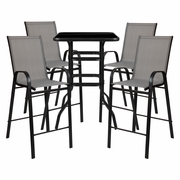 OUTDOOR DINING SET - 4-PERSON BISTRO SET - OUTDOOR GLASS BAR TABLE WITH GRAY ALL-WEATHER PATIO STOOLS <font color=green>FREE SHIPPING!</font>
