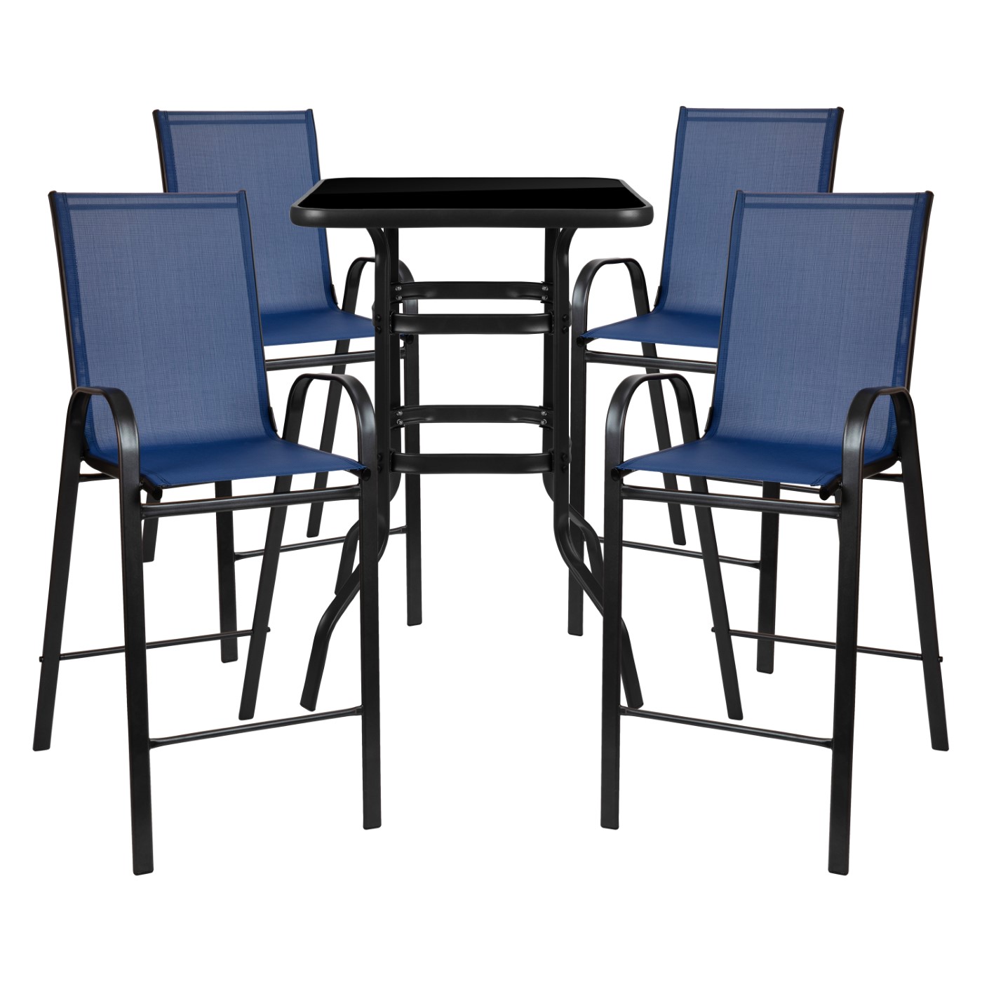 OUTDOOR DINING SET - 4-PERSON BISTRO SET - OUTDOOR GLASS BAR TABLE WITH NAVY ALL-WEATHER PATIO STOOLS <font color=green>FREE SHIPPING!</font> OUTDOOR DINING SET - 4-PERSON BISTRO SET - OUTDOOR GLASS BAR TABLE WITH NAVY ALL-WEATHER PATIO STOOLS <font color=green>FREE SHIPPING!</font>