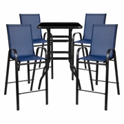 OUTDOOR DINING SET - 4-PERSON BISTRO SET - OUTDOOR GLASS BAR TABLE WITH NAVY ALL-WEATHER PATIO STOOLS <font color=green>FREE SHIPPING!</font>