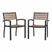 OUTDOOR STACKABLE FAUX TEAK SIDE CHAIR - COMMERCIAL GRADE BLACK ALUMINUM PATIO CHAIR WITH SYNTHETIC TEAK SLATS - SET OF 2 <font color=green>FREE SHIPPING!</font>