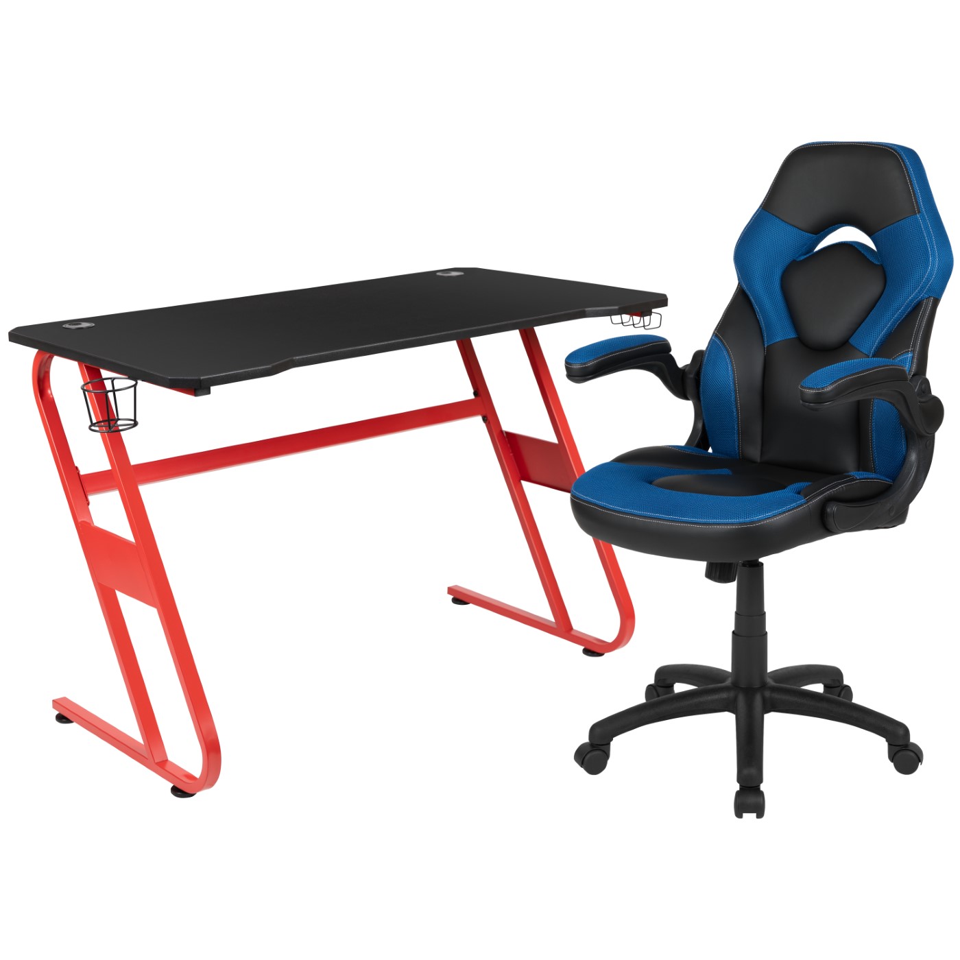 RED GAMING DESK AND BLUE/BLACK RACING CHAIR SET WITH CUP HOLDER AND HEADPHONE HOOK: <font color=green>FREE SHIPPING!</font> RED GAMING DESK AND BLUE/BLACK RACING CHAIR SET WITH CUP HOLDER AND HEADPHONE HOOK: <font color=green>FREE SHIPPING!</font>