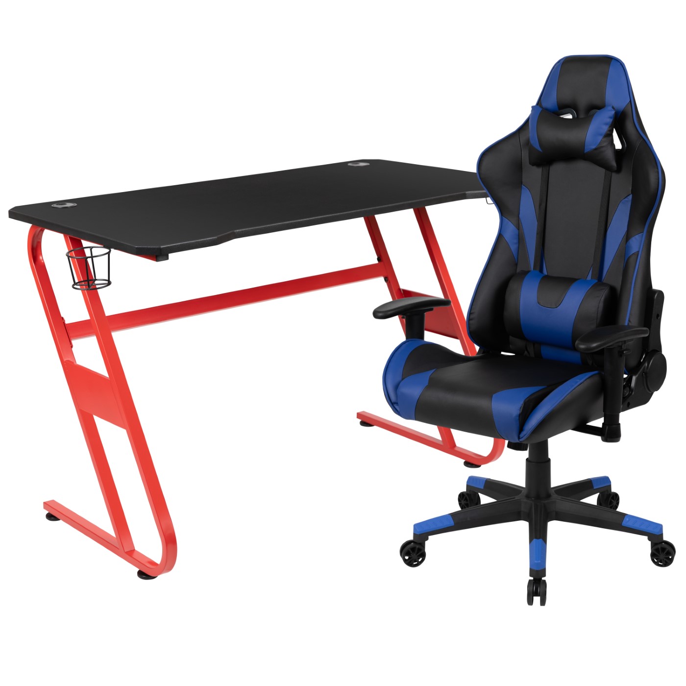 RED GAMING DESK AND BLUE RECLINING GAMING CHAIR SET WITH CUP HOLDER AND HEADPHONE HOOK: <font color=green>FREE SHIPPING!</font> RED GAMING DESK AND BLUE RECLINING GAMING CHAIR SET WITH CUP HOLDER AND HEADPHONE HOOK: <font color=green>FREE SHIPPING!</font>
