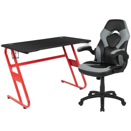 RED GAMING DESK AND GRAY/BLACK RACING CHAIR SET WITH CUP HOLDER AND HEADPHONE HOOK: <font color=green>FREE SHIPPING!</font>