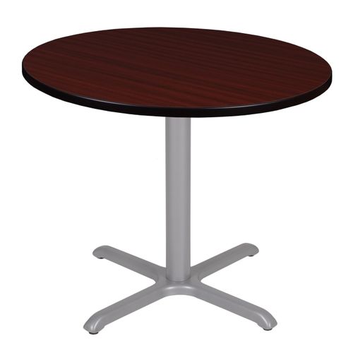 36 IN. MEDIUM ROUND X-BASE BREAKROOM TABLE- MAHOGANY TOP, GREY LEGS <FONT COLOR=GREEN>-FREE SHIPPING-</FONT>