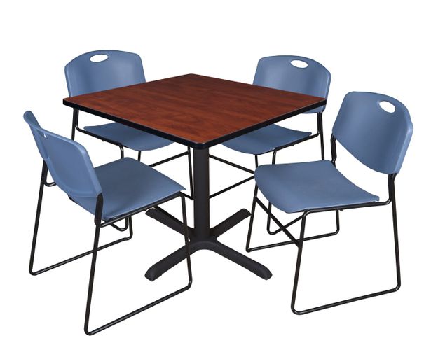 36 IN. SQUARE X-BASE BREAKROOM TABLE- CHERRY & 4 STACK CHAIRS- BLUE <FONT COLOR=GREEN>-FREE SHIPPING-</FONT>