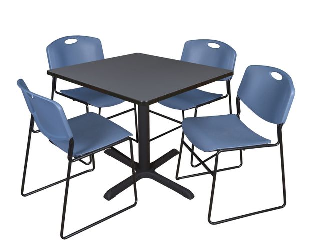 36 IN. SQUARE X-BASE BREAKROOM TABLE- GREY & 4 STACK CHAIRS- BLUE <FONT COLOR=GREEN>-FREE SHIPPING-</FONT>