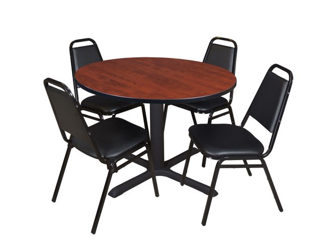 48 IN. ROUND X-BASE BREAKROOM TABLE- CHERRY & 4 RESTAURANT STACK CHAIRS- BLACK <FONT COLOR=GREEN>-FREE SHIPPING-</FONT>
