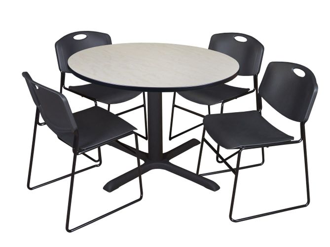 48 IN. ROUND X-BASE BREAKROOM TABLE- MAPLE & 4 STACK CHAIRS- BLACK <FONT COLOR=GREEN>-FREE SHIPPING-</FONT>