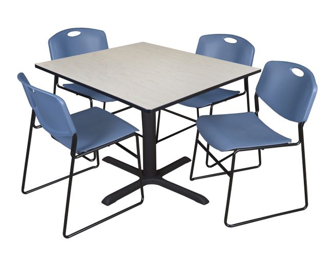 48 IN. SQUARE X-BASE BREAKROOM TABLE- MAPLE & 4 STACK CHAIRS- BLUE <FONT COLOR=GREEN>-FREE SHIPPING-</FONT>