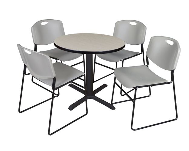 SMALL 30 IN. ROUND X-BASE BREAKROOM TABLE- MAPLE & 4 STACK CHAIRS- GREY <FONT COLOR=GREEN>-FREE SHIPPING-</FONT>