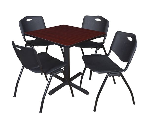 SMALL 30 IN. SQUARE X-BASE BREAKROOM TABLE- MAHOGANY & 4 M STACK CHAIRS- BLACK <FONT COLOR=GREEN>-FREE SHIPPING-</FONT>