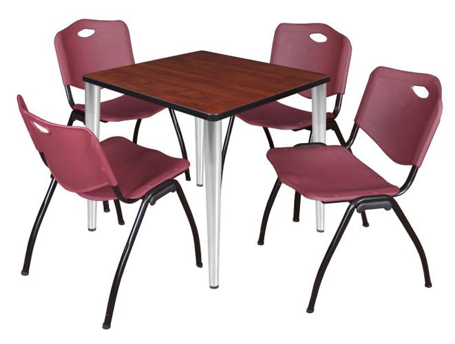 30 IN. SQUARE BREAKROOM TABLE- CHERRY TOP, CHROME BASE & 4 M STACK CHAIRS- BURGUNDY <FONT COLOR=GREEN>-FREE SHIPPING-</FONT>