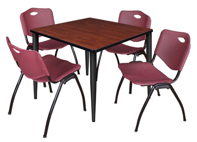 36 IN. SQUARE BREAKROOM TABLE- CHERRY TOP, BLACK BASE & 4 M STACK CHAIRS- BURGUNDY <FONT COLOR=GREEN>-FREE SHIPPING-</FONT>