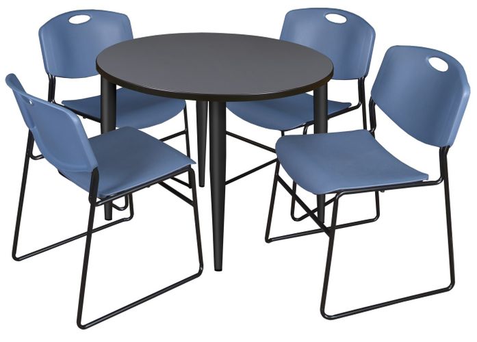 42 IN. ROUND BREAKROOM TABLE- GREY TOP, BLACK BASE & 4 STACK CHAIRS- BLUE <FONT COLOR=GREEN>-FREE SHIPPING-</FONT>