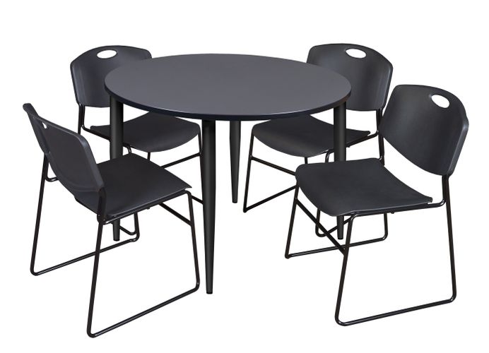 48 IN. ROUND BREAKROOM TABLE- GREY TOP, BLACK BASE & 4 STACK CHAIRS- BLACK <FONT COLOR=GREEN>-FREE SHIPPING-</FONT>