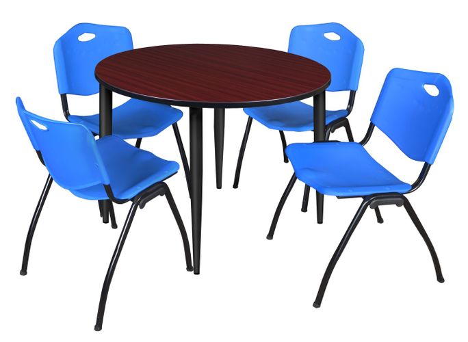 48 IN. ROUND BREAKROOM TABLE- MAHOGANY TOP, BLACK BASE & 4 M STACK CHAIRS- BLUE <FONT COLOR=GREEN>-FREE SHIPPING-</FONT>