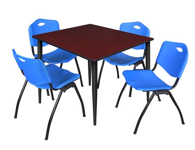 48 IN. SQUARE BREAKROOM TABLE- MAHOGANY TOP, BLACK BASE & 4 M STACK CHAIRS- BLUE <FONT COLOR=GREEN>-FREE SHIPPING-</FONT>
