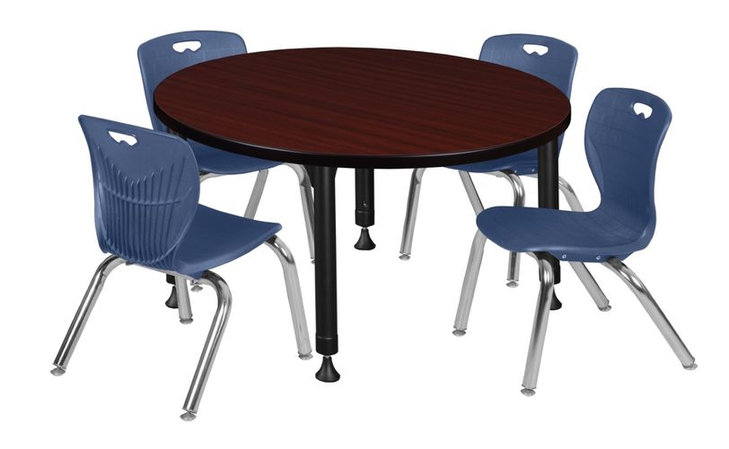 36 IN. ROUND ADJUSTABLE CLASSROOM TABLE- MAHOGANY & 4 ANDY 12 IN. STACK CHAIRS- BLUE <FONT COLOR=GREEN>-FREE SHIPPING-</FONT>