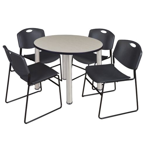 36 IN ROUND BREAKROOM TABLE- MAPLE TOP, CHROME LEGS, 4 STACK CHAIRS- BLACK <FONT COLOR=GREEN>-FREE SHIPPING-</FONT>