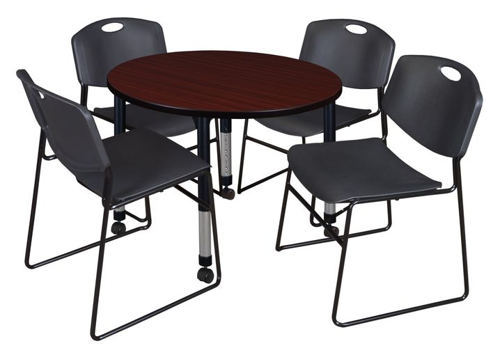 36 IN. ROUND MOBILE ADJUSTABLE CLASSROOM TABLE- MAHOGANY & 4 STACK CHAIRS- BLACK <FONT COLOR=GREEN>-FREE SHIPPING-</FONT>