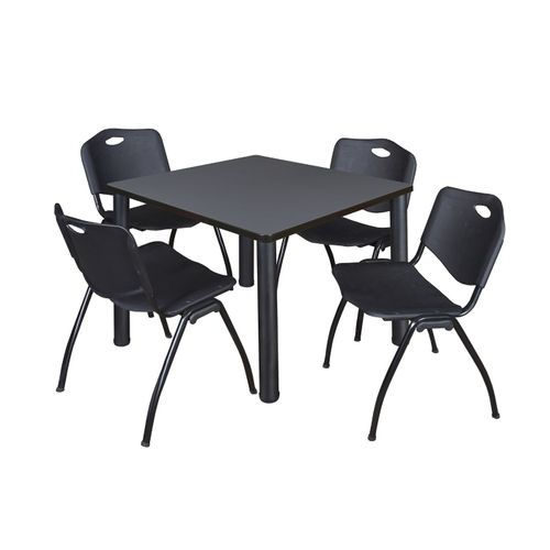 36 IN SQUARE BREAKROOM TABLE- GREY TOP, BLACK LEGS, 4 M STACK CHAIRS- BLACK <FONT COLOR=GREEN>-FREE SHIPPING-</FONT>