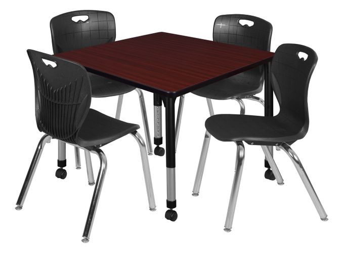 36 IN. SQUARE MOBILE ADJUSTABLE CLASSROOM TABLE- MAHOGANY & 4 ANDY 18 IN. STACK CHAIRS- BLACK <FONT COLOR=GREEN>-FREE SHIPPING-</FONT>
