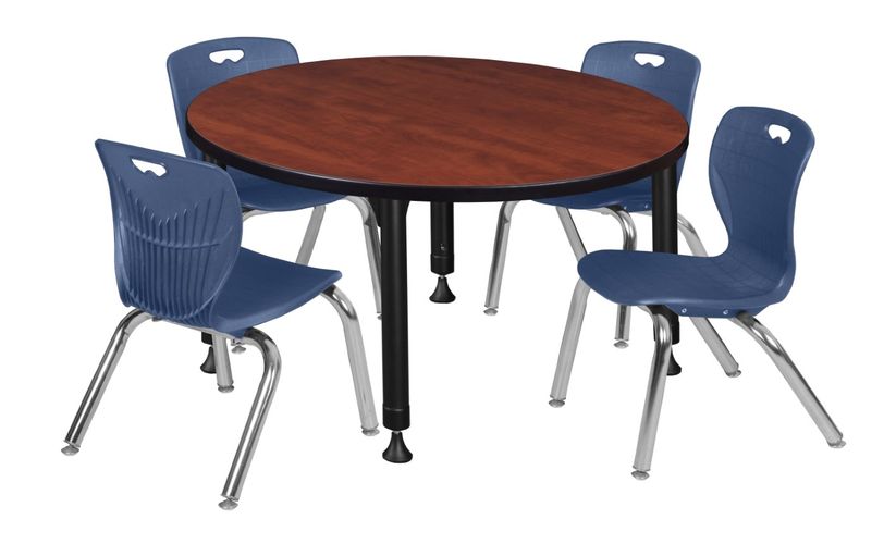 42 IN. ROUND ADJUSTABLE CLASSROOM TABLE- CHERRY & 4 ANDY 12 IN. STACK CHAIRS- BLUE <FONT COLOR=GREEN>-FREE SHIPPING-</FONT>