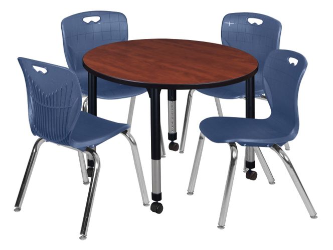 42 IN. ROUND ADJUSTABLE CLASSROOM TABLE- CHERRY & 4 ANDY 18 IN. STACK CHAIRS- BLUE <FONT COLOR=GREEN>-FREE SHIPPING-</FONT>