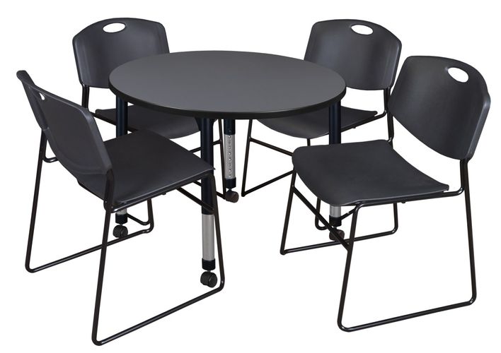 42 IN. ROUND MOBILE ADJUSTABLE CLASSROOM TABLE- GREY & 4 STACK CHAIRS- BLACK <FONT COLOR=GREEN>-FREE SHIPPING-</FONT>