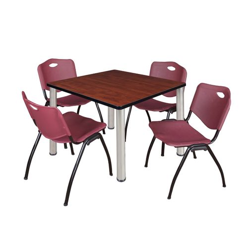 42 IN SQUARE BREAKROOM TABLE- CHERRY TOP, CHROME LEGS, 4 M STACK CHAIRS- BURGUNDY <FONT COLOR=GREEN>-FREE SHIPPING-</FONT>