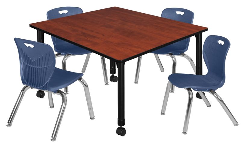 48 IN. SQUARE MOBILE ADJUSTABLE CLASSROOM TABLE- CHERRY & 4 ANDY 12 IN. STACK CHAIRS- BLUE <FONT COLOR=GREEN>-FREE SHIPPING-</FONT>