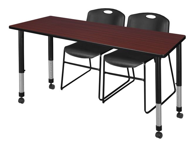 66 X 24 IN. MOBILE ADJUSTABLE CLASSROOM TABLE- MAHOGANY & 2 STACK CHAIRS- BLACK <FONT COLOR=GREEN>-FREE SHIPPING-</FONT>
