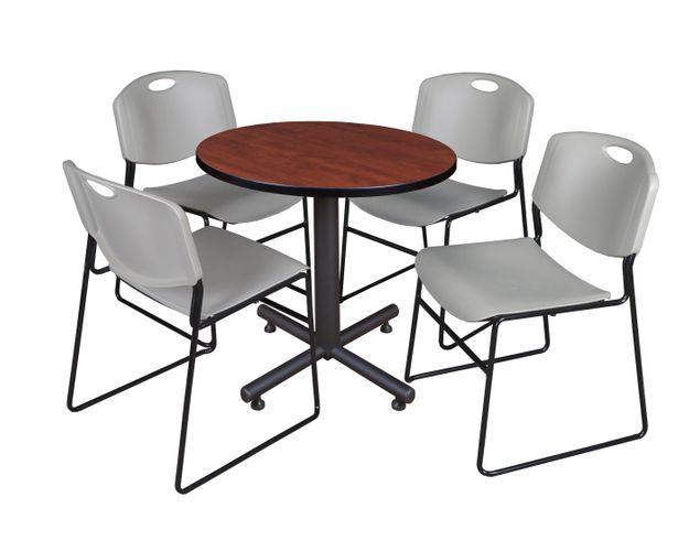 30 IN. ROUND X-BASE BREAKROOM TABLE- CHERRY, 4 STACK CHAIRS- GREY <FONT COLOR=GREEN>-FREE SHIPPING-</FONT>
