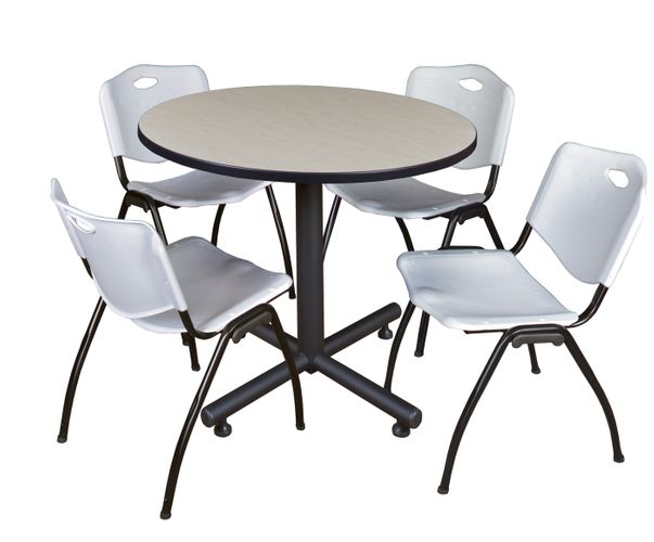 42 IN. ROUND X-BASE BREAKROOM TABLE- MAPLE, 4 M STACK CHAIRS- GREY <FONT COLOR=GREEN>-FREE SHIPPING-</FONT>