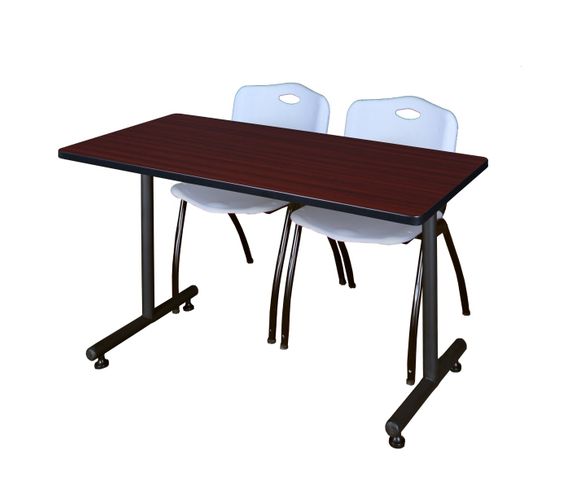 48 X 24 IN. T-BASE TRAINING SEMINAR TABLE- MAHOGANY, 2 M STACK CHAIRS- GREY <FONT COLOR=GREEN>-FREE SHIPPING-</FONT>