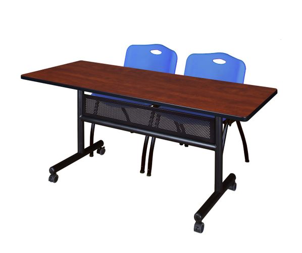 60 X 24 IN. FLIP-TOP PRIVACY NESTING TABLE- CHERRY, 2 M STACK CHAIRS- BLUE <FONT COLOR=GREEN>-FREE SHIPPING-</FONT>
