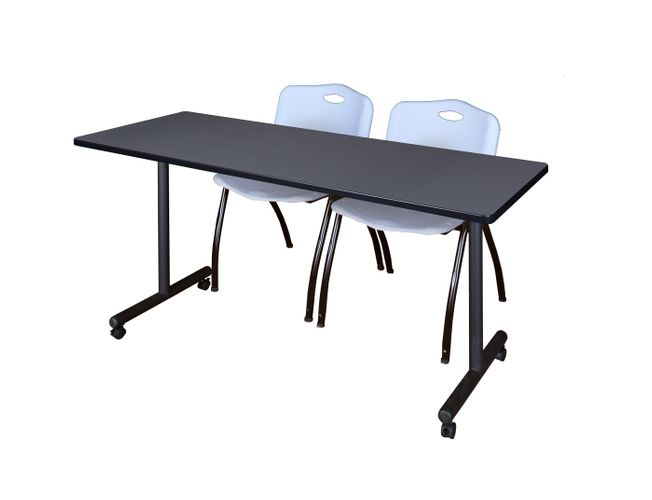 66 X 24 IN. MOBILE T-BASE TRAINING TABLE- GREY, 2 M STACK CHAIRS- GREY <FONT COLOR=GREEN>-FREE SHIPPING-</FONT>