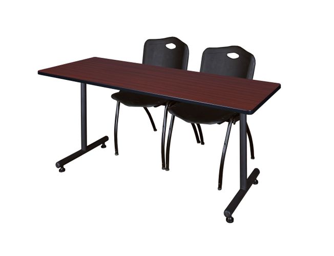 66 X 30 IN. T-BASE TRAINING SEMINAR TABLE- MAHOGANY, 2 M STACK CHAIRS- BLACK <FONT COLOR=GREEN>-FREE SHIPPING-</FONT>