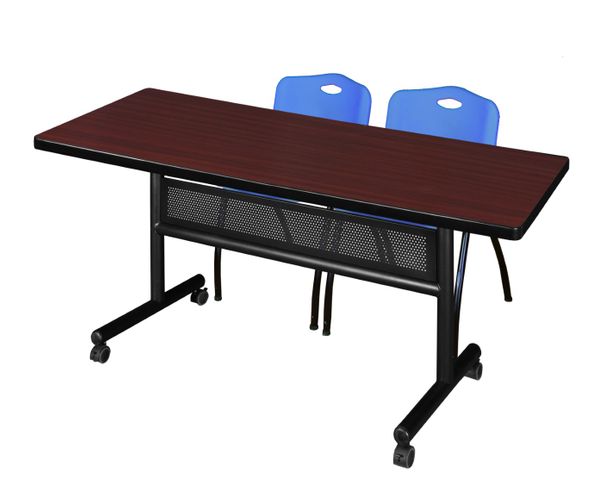 72 X 30 IN. FLIP-TOP PRIVACY NESTING TABLE- MAHOGANY, 2 M STACK CHAIRS- BLUE <FONT COLOR=GREEN>-FREE SHIPPING-</FONT>