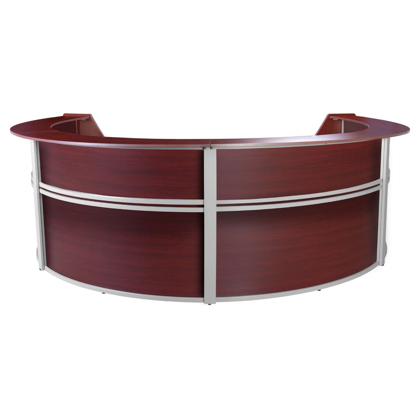 FOUR-UNIT RECEPTION CURVED DESK WORKSTATION “142W X 103D”- MAHOGANY <FONT COLOR=GREEN>-FREE SHIPPING-</FONT> FOUR-UNIT RECEPTION CURVED DESK WORKSTATION “142W X 103D”- MAHOGANY <FONT COLOR=GREEN>-FREE SHIPPING-</FONT>