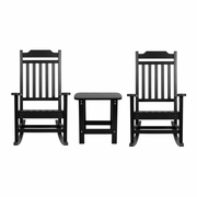 SET OF 2 WINSTON ALL-WEATHER POLY RESIN ROCKING CHAIRS WITH ACCENT SIDE TABLE IN BLACK: <font color=green>FREE SHIPPING!</font>