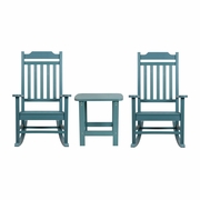 SET OF 2 WINSTON ALL-WEATHER POLY RESIN ROCKING CHAIRS WITH ACCENT SIDE TABLE IN TEAL: <font color=green>FREE SHIPPING!</font>