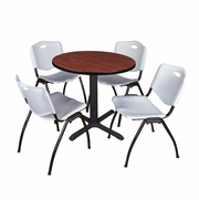 SMALL 30 IN. ROUND X-BASE BREAKROOM TABLE- CHERRY & 4 M STACK CHAIRS- GREY <FONT COLOR=GREEN>-FREE SHIPPING-</FONT>