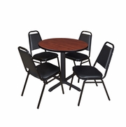 SMALL 30 IN. ROUND X-BASE BREAKROOM TABLE- CHERRY & 4 RESTAURANT STACK CHAIRS- BLACK <FONT COLOR=GREEN>-FREE SHIPPING-</FONT>