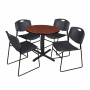 SMALL 30 IN. ROUND X-BASE BREAKROOM TABLE- CHERRY & 4 STACK CHAIRS- BLACK <FONT COLOR=GREEN>-FREE SHIPPING-</FONT>