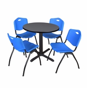 SMALL 30 IN. ROUND X-BASE BREAKROOM TABLE- GREY & 4 M STACK CHAIRS- BLUE <FONT COLOR=GREEN>-FREE SHIPPING-</FONT>